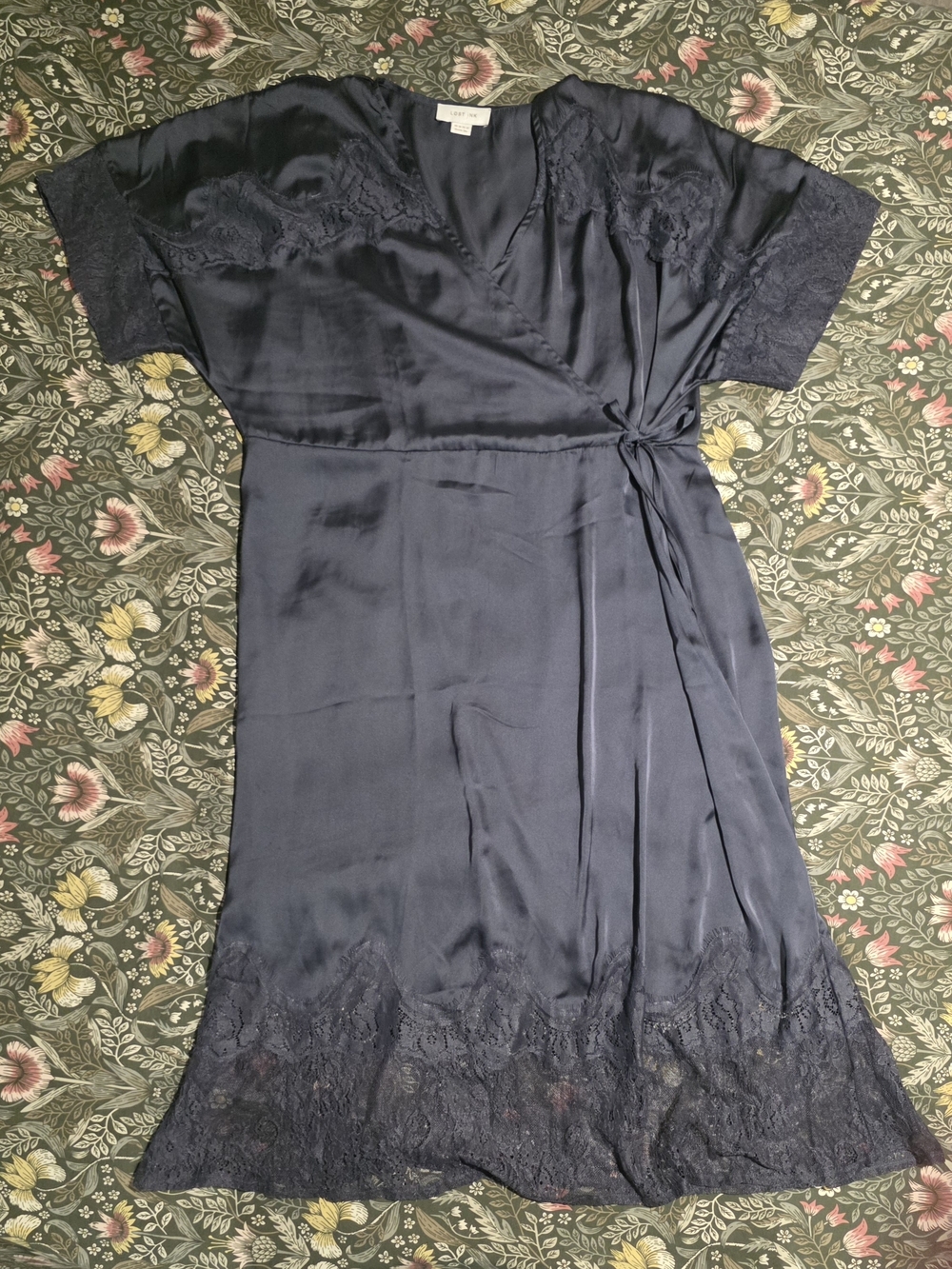 Stunning Lost Ink Purple Satin Lace-Trim Wrap Dress